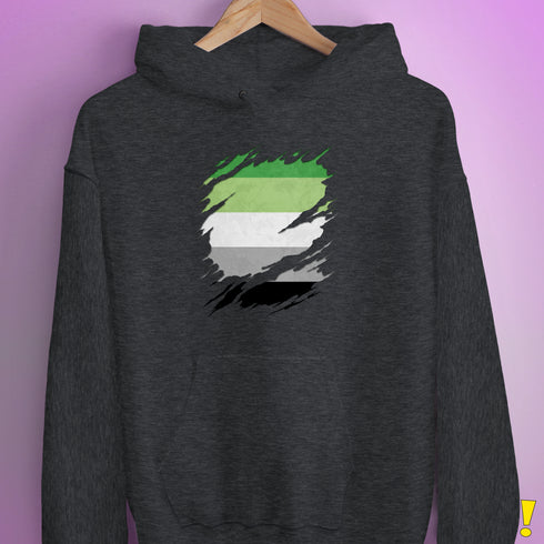 Aromantic Pride Flag Ripped Reveal Hoodie - Dark Grey Heather